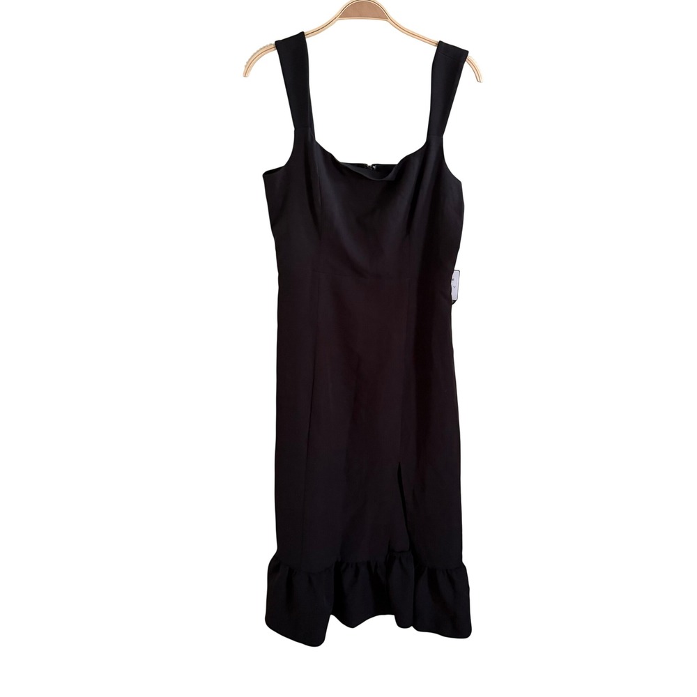 Laundry by Shelli Segal Black Ruffle Hem Midi Dress Square Neck Slit Size 10 NEW